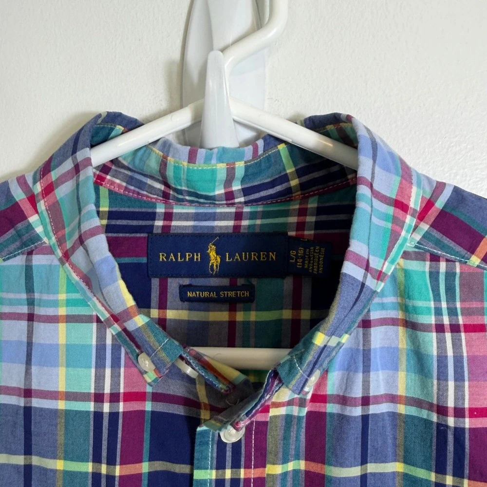 Ralph Lauren Plaid Button Down Boys Large 14-16 Natural Stretch Shirt